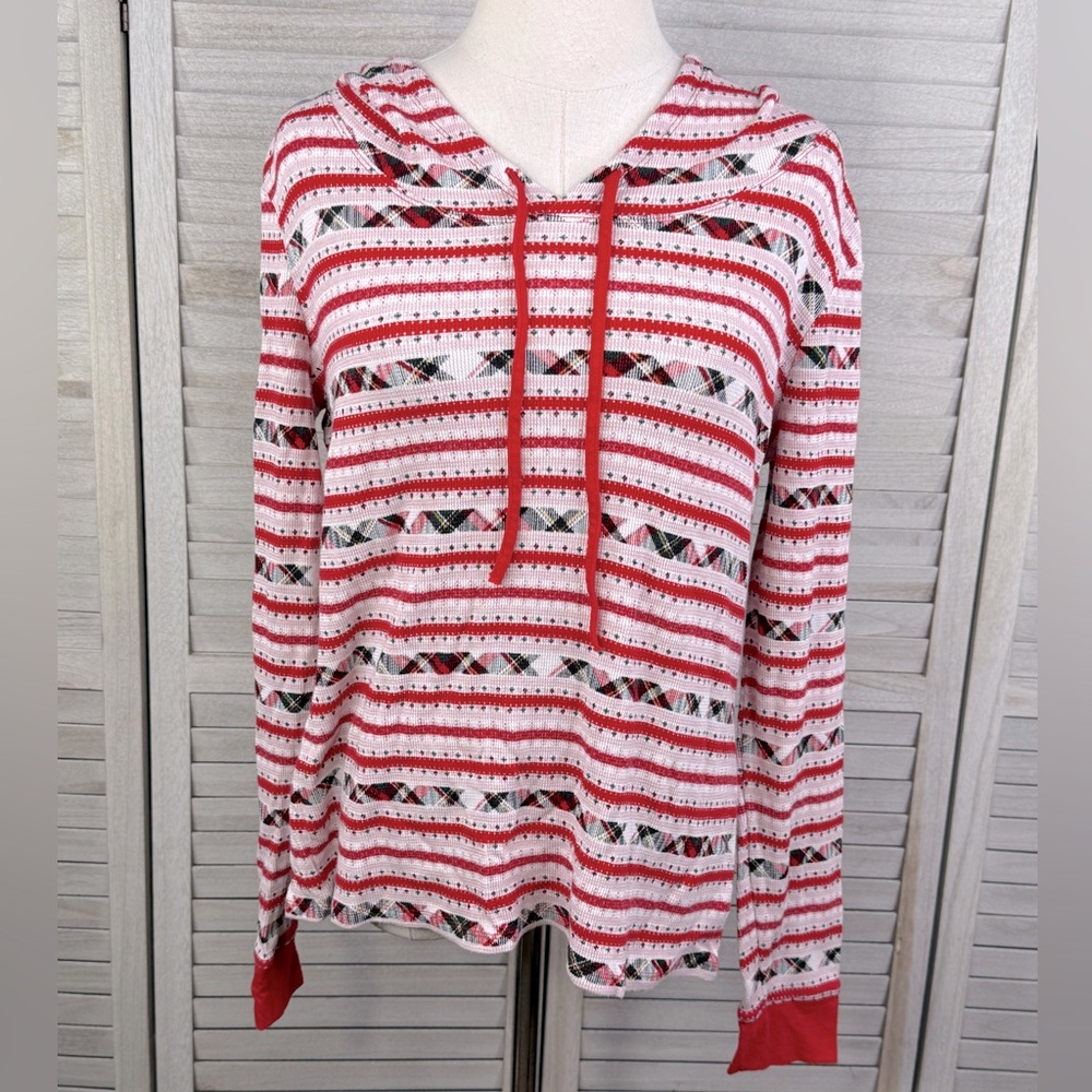 VICTORIA'S SECRET Thermal Hoodie Pajama Top Red/Pink Multi-Medium